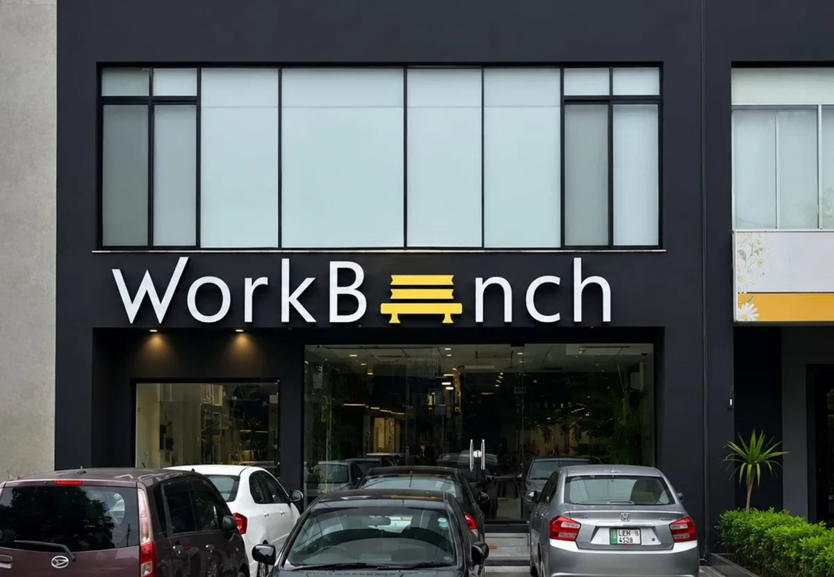 Street view of the WorkBench building on 13-D, Valencia Town, Lahore, seen from the road outside.