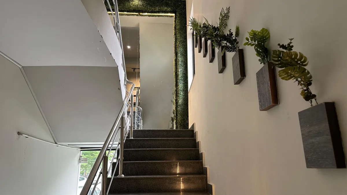 The staircase at WorkBench: concrete treads with a steel handrail, dark planter boxes mounted down the side wall and a green moss wall at the top.
